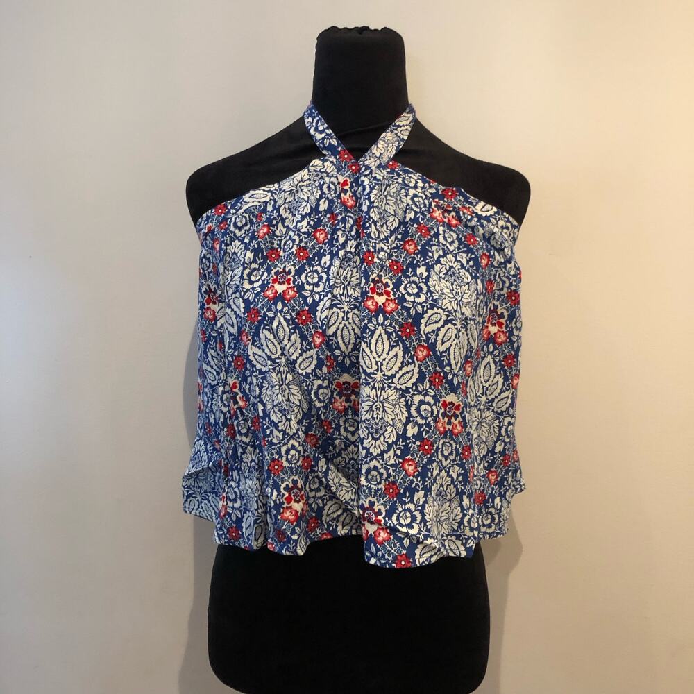Band Of The Free Women's Blue & Red Floral Halter Top, Boho Style Size Small NWT